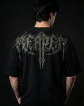 Vista trasera de camisa oversized heavyweight 380GSM color negro con estampado tonal oscuro The Phantom de Reaper.